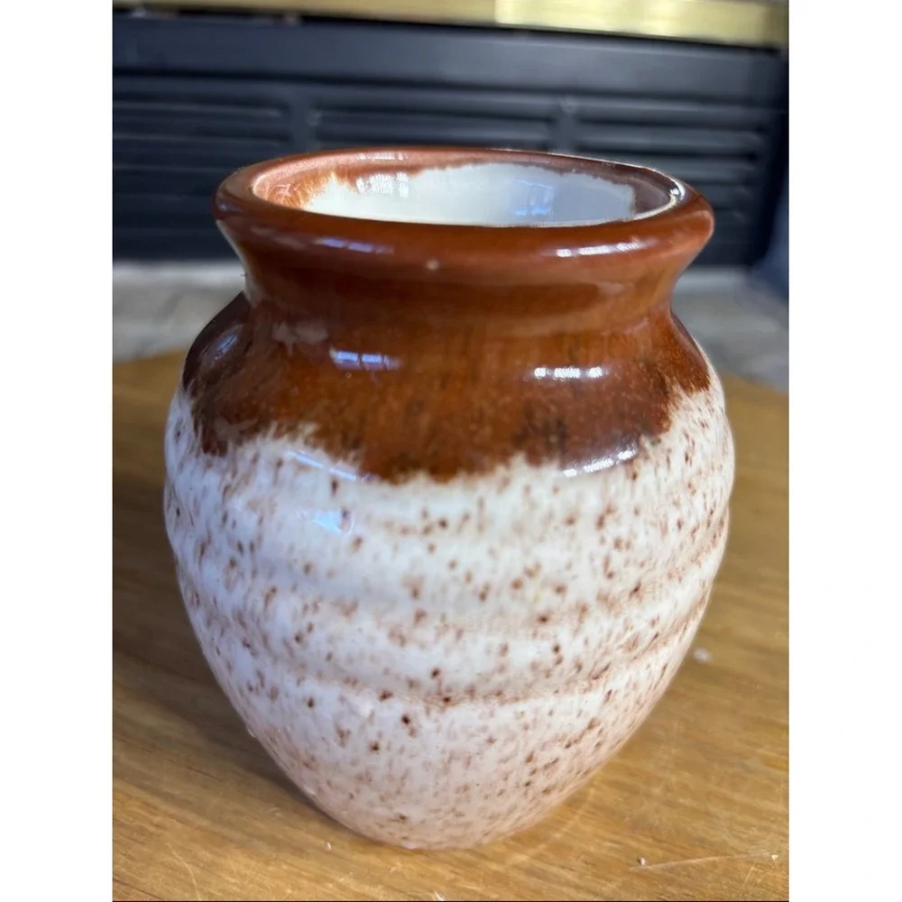 Vintage Handcrafted Speckled Ceramic Vase Cream & Brown‎ Rustic MCM 4.75